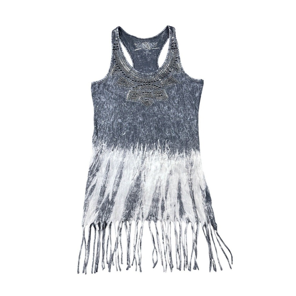 Maurices Premium Y2K Studded Fringe Tank Topβ Tunic Gray Dip Dye Moto Glam XS